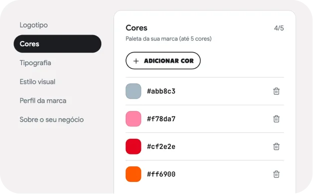 Painel de identidade da marca na Gerar.me, com as cores e o tom de voz da empresa